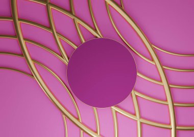 Parlak morumsu, neon pembe 3D rendelenmiş ürün düz podyum silindirli duruş lüks soyut kompozisyon ve kozmetik ürünleri için altın çizgiler yukarıdan en az görünüm arkaplanı