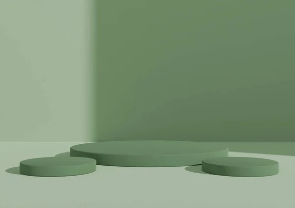 Üç podyum ya da stantlı 3 boyutlu ürün sunumu. Sağ taraftan pencere ışığı gelen basit, en az pastel yeşil kompozisyon. Kozmetik ürünler için iyi