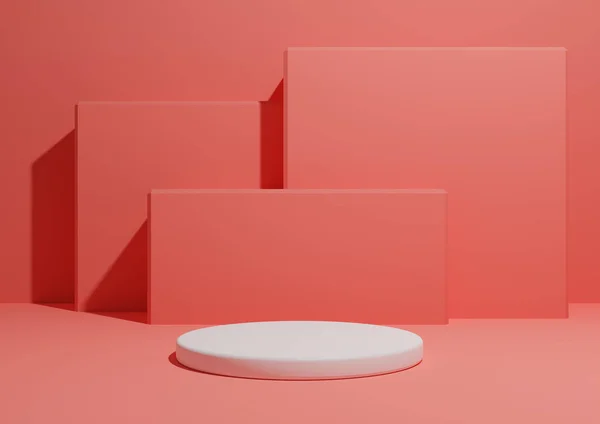Parlak, neon, somon pembesi, arka planda tek podyumlu veya ayakta duran ve geometrik kare şekilli basit, minimum ürün kompozisyon arkaplanının 3D görüntüsü.
