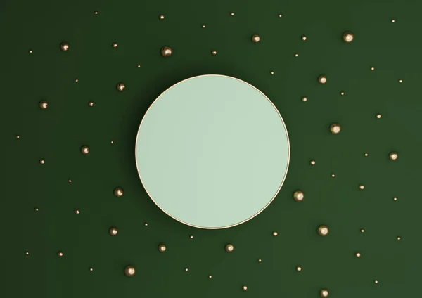 暖かい緑の3Dレンダリング高級製品ディスプレイの表彰台や金と黄金のビー玉とフラットレイアウト組成を表示するために最小限のスタンドは 上から単純な背景をドロップ — ストック写真