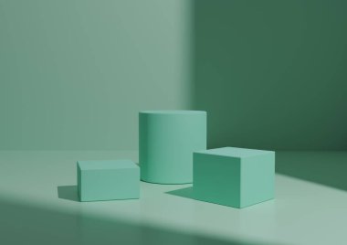 Basit Minimal Light Turkuaz Üç Podyum ya da Stand Composition for Product Explay. Sağ Taraftan Pencere Işığı ile Geometrik form 3B Hazırlama Arkaplanı.