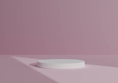 Basit, Bir Beyaz Silindir Podyumu ile Asgari 3D Hazırlama Kompozisyonu ya da Soyut Gölge Pastel Pembe Arkaplanda Ürün Gösterimi için Üçgen Işık Gösterimi