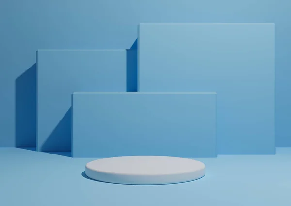 Parlak, açık gökyüzü mavisi, arka planda bir podyum veya ayakta duran ve geometrik kare şekilli basit, minimum ürün kompozisyon arkaplanının 3D görüntüsü.