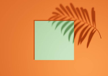 Neon turuncu, parlak kırmızı, 3D rendeleme minimal, basit üst görünüm düz ürün gösterim arkaplanı bir podyum standı ve doğa ürünleri için palmiye yaprağı gölgesi