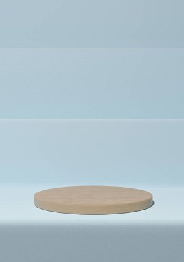 Işık, pastel, bebek mavisi 3D basit ürün görüntüleme, podyum ahşap silindirli minimum arkaplan doğa ürünleri için basamaklarda duruyor.