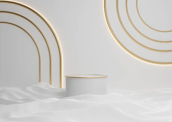 Beyaz, açık gri, siyah ve beyaz 3D, lüks ürün görüntüleme silindir podyumu ya da kemer geometrik ışıklarla en düşük kompozisyonda altın çizgilerle ayakta durun
