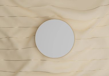 Açık bej, pastel turuncu 3D ürün sunma podyumu ya da altın iplikli tekstil üzerinde dikilip üstten düz görünüm.