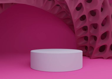 Parlak morumsu, neon pembe 3D rendelenmiş ürün görüntüsü silindir standı veya podyum ve fütüristik soyut geometrik şekiller modern arkaplan şablonu