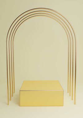 Pastel, hafif, narenciye sarısı 3D en az ürün sergilenen küp podyum ya da lüks altın kemerler ve altın çizgilerle ayakta durun. Basit arkaplan özeti.