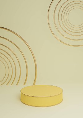 Pastel, ışık, narenciye sarısı 3D minimal ürün görüntüleme silindir podyum veya ürün arkaplan soyut bileşimi altın çizgiler ve daireler