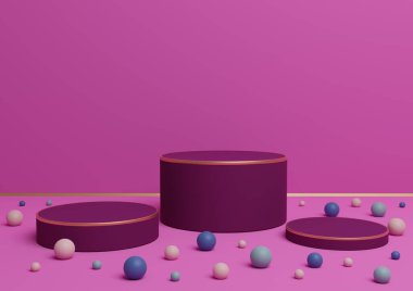 Parlak morumsu, üç podyumun neon pembe 3D renginde sunumu için altın çizgileri ve renkli bilyeleri olan ürün sergisi veya lüks ürünler veya eğlenceli şekerler.