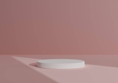 Basit, Bir Beyaz Silindir Podyumu ile Asgari 3D Hazırlama Kompozisyonu ya da Soyut Gölge Pastel Pembe Arkaplanda Ürün Gösterimi için Üçgen Işık Gösterimi