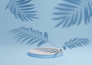 Parlak, açık gökyüzü mavisi, basit, minimum ürün kompozisyon arkaplanının 3 boyutlu görüntüsü ont podyumu veya doğa ürünleri için arka planda duran ve yaprak gölgesi olan..