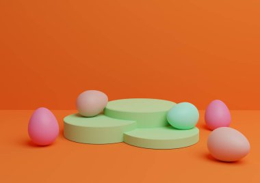 Paskalya temalı ürün podyumunun neon turuncu, parlak kırmızı 3D görüntüsü ya da renkli yumurtalarla en aza indirgenmiş kompozisyon, birden fazla ürün için basit.