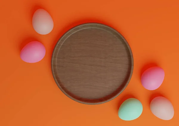 Neonově oranžová, jasně červená 3D vykreslování horní pohled plochý položit produkt displej pódium nebo stojan s barevnými velikonoční vajíčka a dřevěné jídlo minimální a jednoduché — Stock fotografie
