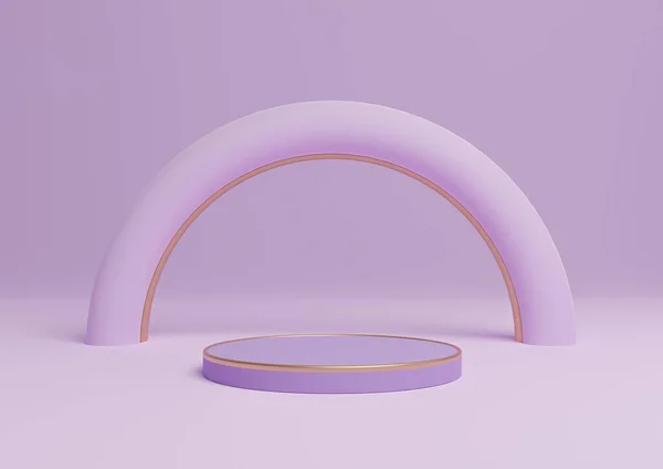 Luz, pastel, lavanda púrpura 3D representación simple producto exhibición cilindro podio o soporte con líneas doradas composición mínima con un arco geométrico y lujoso brillo — Foto de Stock