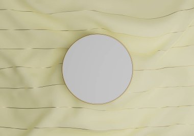Pastel, hafif, narenciye sarısı 3D sunum ürünü podyumu ya da altın iplikli tekstil üzerinde düz üst görünüm düz