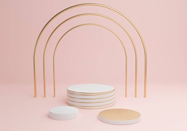 Pastel, açık kırmızı, somon pembesi 3D basit ürün görüntüleme silindiri podyumları lüks altın kemer ve üçüncü satırlar minimum arka plan özeti içerir.