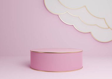 Hafif, pastel, lavanta pembesi 3D ürün görüntüleme podyumu ya da soyut bulutlar ve altın çizgilerle ayakta durun lüks, minimal, basit kompozisyon arka plan silindir platformu