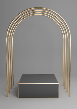 Koyu grafit gri, siyah ve beyaz 3D en az ürün sergilenen küp küp podyumu ya da lüks altın kemerler ve altın çizgilerle ayakta duruyor. Basit arkaplan özeti.