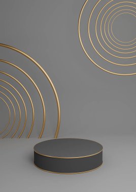 Koyu grafit gri, siyah ve beyaz 3D minimal ürün görüntüleme lüks silindir podyum veya ürün arkaplan soyut bileşimi altın çizgiler ve daireler