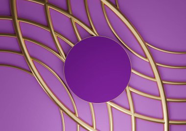 Parlak mor, menekşe rengi, 3D rendelenmiş ürün düz podyum silindirli ayakta duruyor. Kozmetik ürünler için altın çizgilerle süslenmiş lüks soyut kompozisyon.