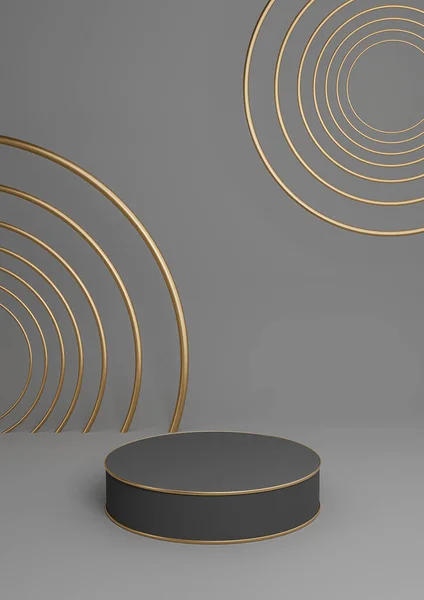 Koyu grafit gri, siyah ve beyaz 3D minimal ürün görüntüleme lüks silindir podyum veya ürün arkaplan soyut bileşimi altın çizgiler ve daireler