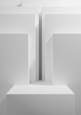 Ürün podyumu için basit, minimal, geometrik arkaplan oluşturan beyaz, açık gri, siyah ve beyaz 3D sunum arkaplanı veya duvar kağıdı için görüntü şablonu