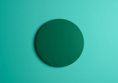 Koyu yeşil daire podyumunun 3B çizimi ya da düz görünüm ürün minimumu, basit parlak turkuaz arkaplan ve metin alanı için kopya alanı