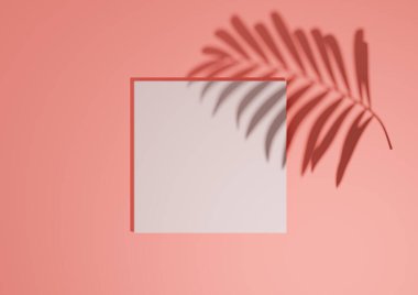 Parlak, neon, somon pembesi, 3D rendelendirme minimal, basit üst görünüm düz ürün gösterim arkaplanı bir podyum standı ve doğa ürünleri için palmiye yaprağı gölgesi