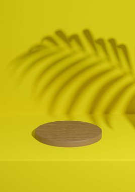 Parlak, neon sarısı 3D basit, minimal ahşap ürün podyumu arka planı ve silindir tezgahında duran doğa ürünleri için palmiye yaprağı gölgesi.