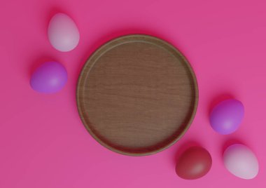 Parlak morumsu, neon pembesi 3D üst görünüm düz ürün podyumu ya da renkli Paskalya yumurtaları ve sade ahşap tabak ile ayakta durun.