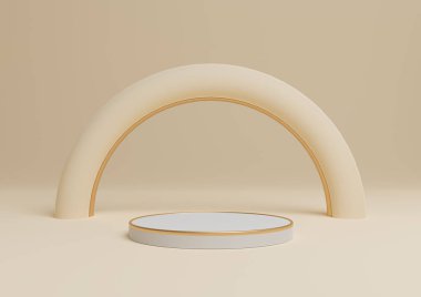 Açık bej, pastel turuncu 3D basit ürün görüntüleme silindir podyumu ya da altın çizgilerle asgari kompozisyon kemer geometrik ve lüks parlaklığa sahip