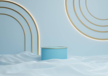 Işık, pastel, bebek mavisi 3D... lüks ürün görüntüleme silindir podyumu... ya da kemer geometrik ışıklarla en düşük kompozisyonda altın çizgilerle ayakta durun.