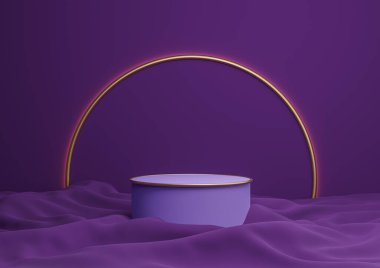 Koyu mor, menekşe rengi 3D gösterişli ürün podyumu ya da arka planda ve ışıkta altın kemer çizgisi olan minimal kompozisyon