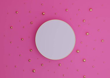 Parlak morumsu, neon pembe 3D işlemeli ürün podyumu ya da altın ve altın bilyeli düz kompozisyonu görmek için minimumda durmak yukarıdan basit bir arkaplan düşüşü sağlar.