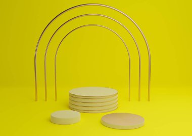 Parlak, neon sarısı 3D basit ürün görüntüleme silindir podyumları lüks altın kemer ve satır üç asgari arkaplan soyut bileşimi