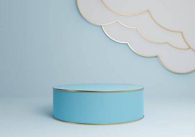 Işık, pastel, bebek mavisi 3D ürün görüntüleme podyumu ya da soyut bulutlar ve altın çizgilerle ayakta durun. Minimum, basit kompozisyon arka plan silindiri.