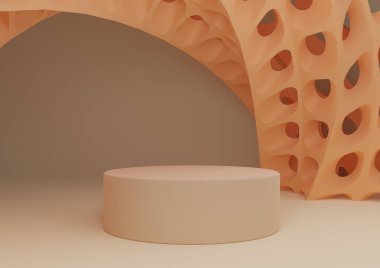 Açık bej, pastel turuncu 3D ürün görüntüsü silindir standı veya podyum ve fütüristik soyut şekiller modern arkaplan kompozisyon şablonu