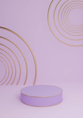 Işık, pastel, lavanta mor 3D minimal ürün görüntüleme lüks silindir podyum veya ürün arkaplan soyut bileşimi altın çizgiler ve daireler