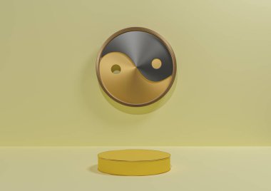 Pastel, ışık, narenciye sarısı 3D ürün görüntüleme arkaplanı basit, metalik Yin ve Yang sembollü minimal podyum veya altın çizgili, doğa için zemin, kozmetik, lüks ürün fotoğrafçılığı