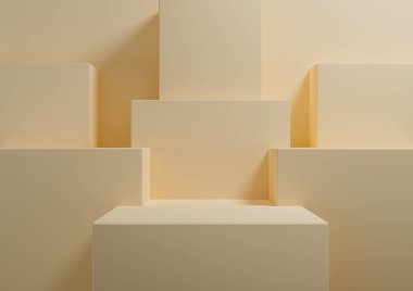 Açık bej, pastel turuncu 3D sunum podyumu için basit, minimal arkaplan oluşturma, sunum için ayakta durma geometrik arkaplan güzellik kozmetik ürünleri için şablon duvar kağıdı