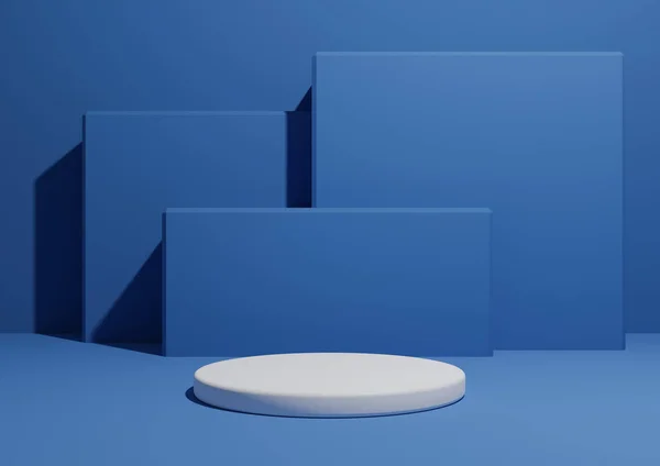 Parlak, koyu, pastel mavi, arka planda tek podyum veya ayakta duran ve geometrik kare şekilli basit, minimum ürün kompozisyon arkaplanının 3D görüntüsü.