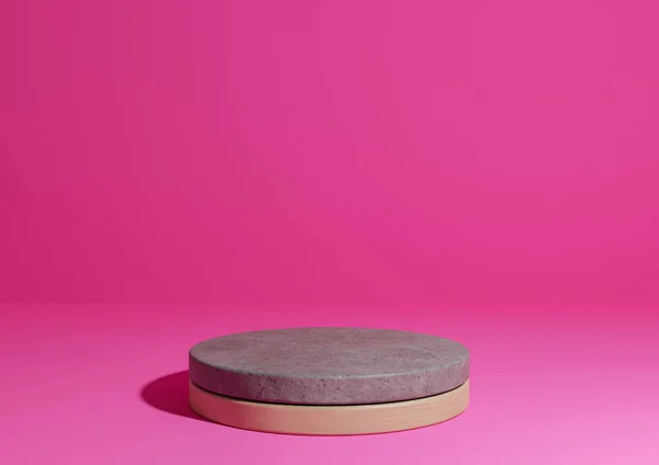 Bright magenta, neon pink 3D rendering simple product display, natural minimal background with cylinder podium stand made out of concrete and wood for nature products