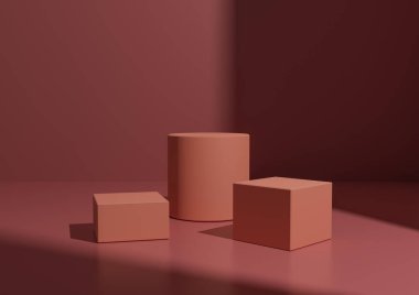 Basit Minimal Pastel Red Three Podium ya da Stand Composition for Product Explay. Sağ Taraftan Pencere Işığı ile Geometrik form 3B Hazırlama Arkaplanı.