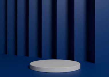Basit, Bir Beyaz Silindir Podyumu ile Asgari 3D Hazırlama Kompozisyonu ya da Soyut Kraliyet Mavi Ürün Görünümü Arkaplanı üzerinde durmak
