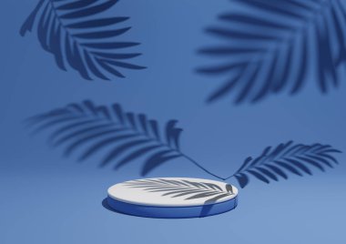 Parlak, koyu, pastel mavi, basit, minimal ürün kompozisyon arkaplanının 3 boyutlu görüntüsü ont podyumu ya da arka planda doğa ürünleri için yaprak gölgeleri.