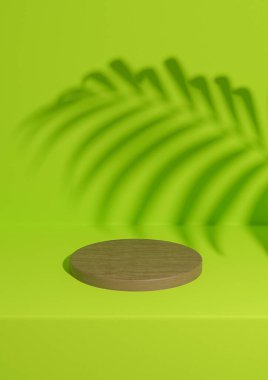 Parlak, kireç, neon yeşil 3D basit, asgari ahşap ürün podyumu arkaplanı ve silindir standında duran doğa ürünleri için palmiye yaprağı gölgesi.