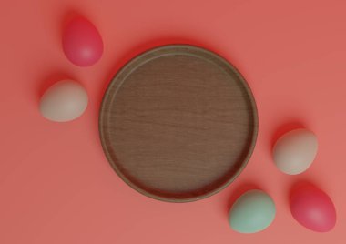 Parlak, neon, somon pembe 3D üst görünüm düz ürün sergilenen podyum ya da renkli Paskalya yumurtaları ve ahşap tabak minimal ve basit