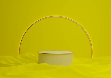 Parlak, neon sarısı 3D işlemeli lüks ürün podyumu ya da arka planda altın kemer çizgisi ve açık renkli minimal kompozisyon